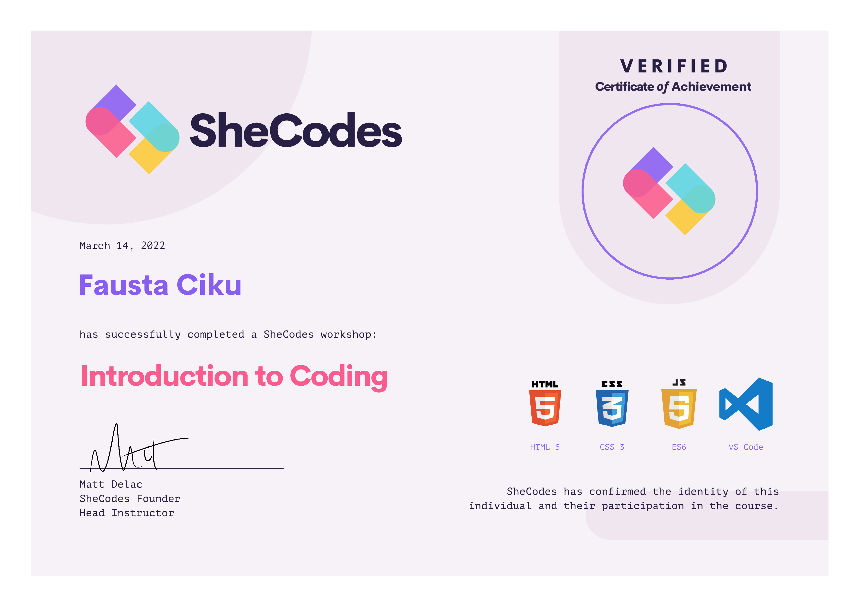 SheCodes Basic certification